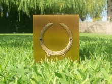 a small gold plaque