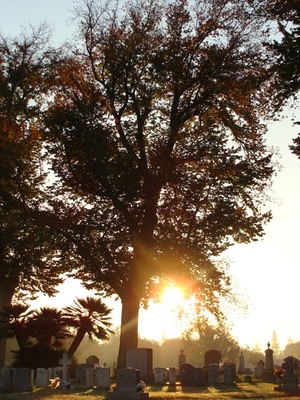 sunrise over San Joaquin Catholic Cemetery in Stockton, CA